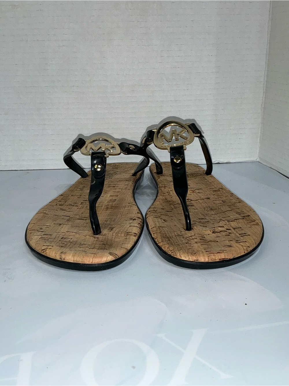 Michael Kors Black and Cork Logo T-Strap Sandals chic retro Y2K